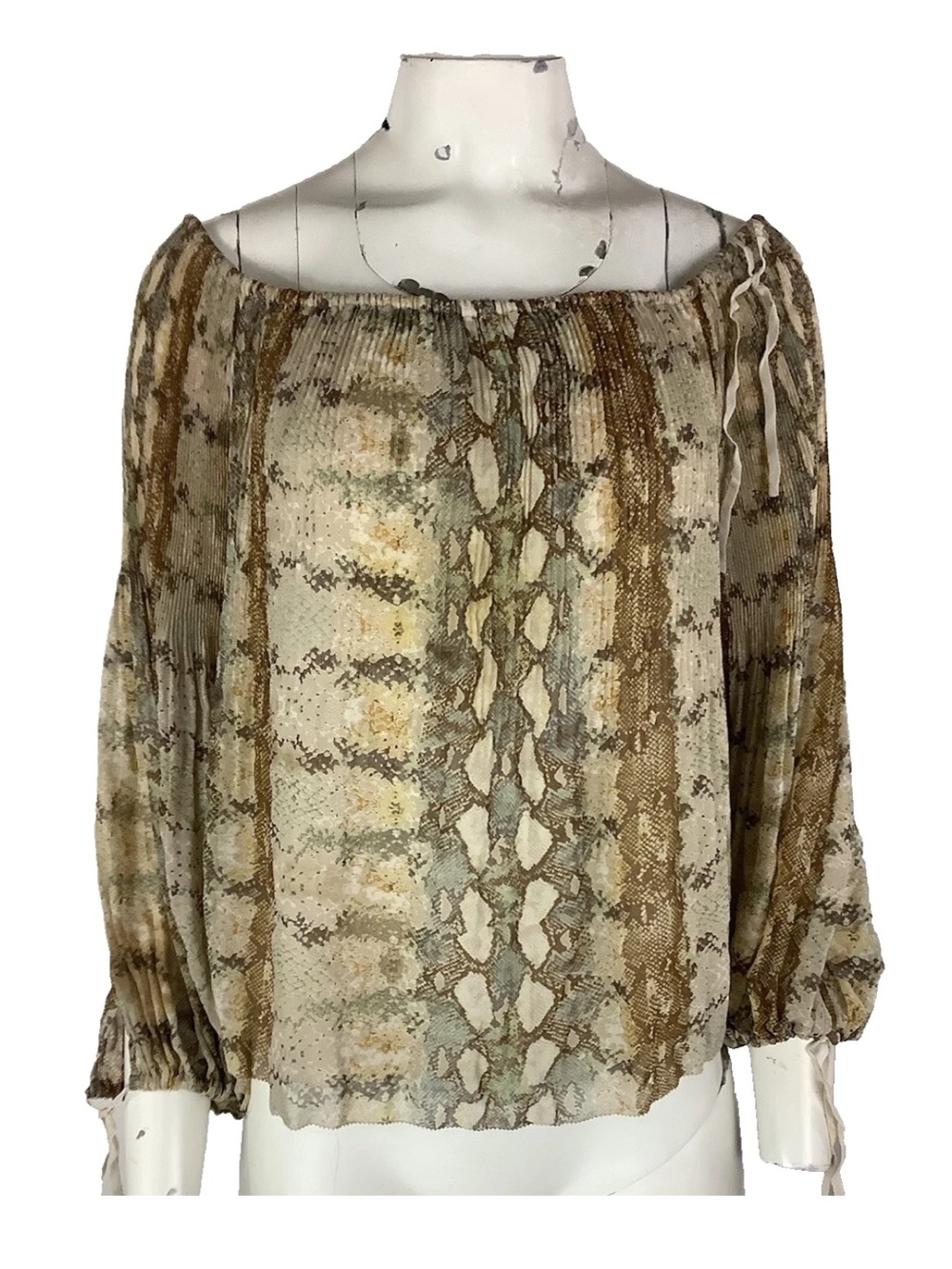 Wilfred Aritzia Sz L Talence Pleated Off Shoulder Snake Print Blouse Brown